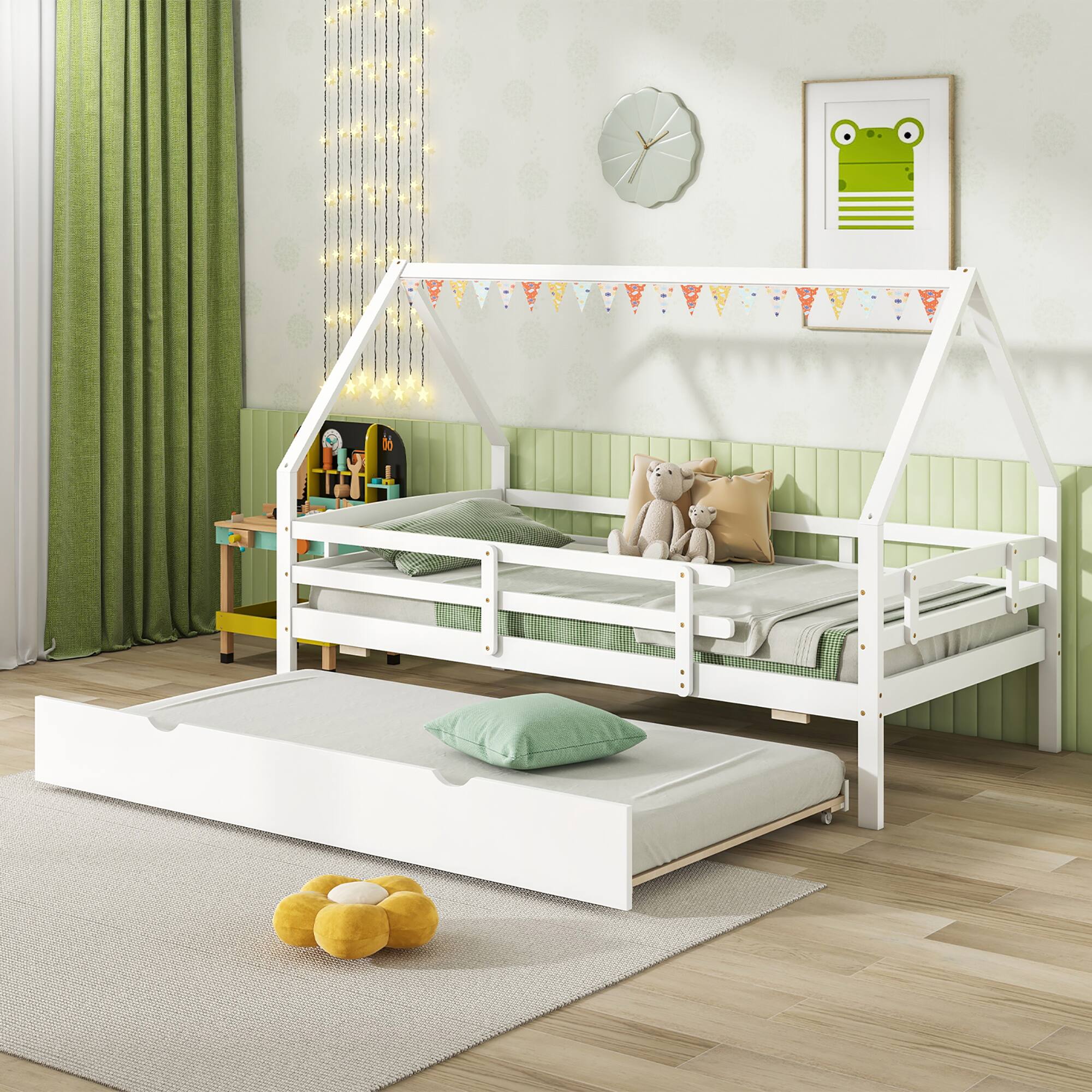 Alt View 4. Gymax - Gymax Twin Size House Bed w/ Trundle Wooden Kids Bed w/ Safety Rails & Decorable Roof White - White.