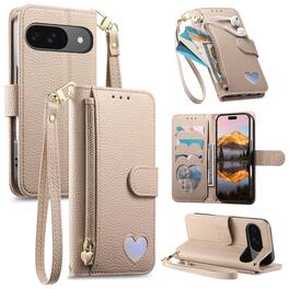 Dteck - Stylish PU Leather Wallet Case for Google Pixel 10 Pro with Wrist Strap Zipper Pocket, Protective Folio Kickstand Cover - Khaki
