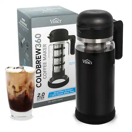 Vinci ColdBrew360 Coffee Maker
- 2.0 Liter Glass Carafe
- 360 Brewing
- Dual-Filter System = 50% Faster Brew Time
- Borosilicate Glass Carafe
- 2.0L / 68 fl. oz. Capacity