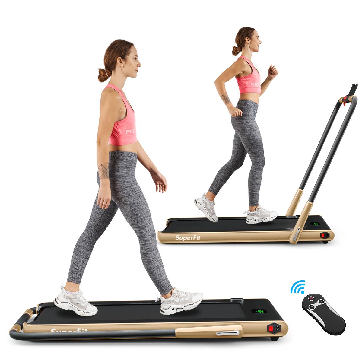 Costway - Up To 7.5MPH 2.25HP 2-in-1 Folding Under Desk Treadmill W/Remote Control Speaker APP, Single Display Screen - Gold