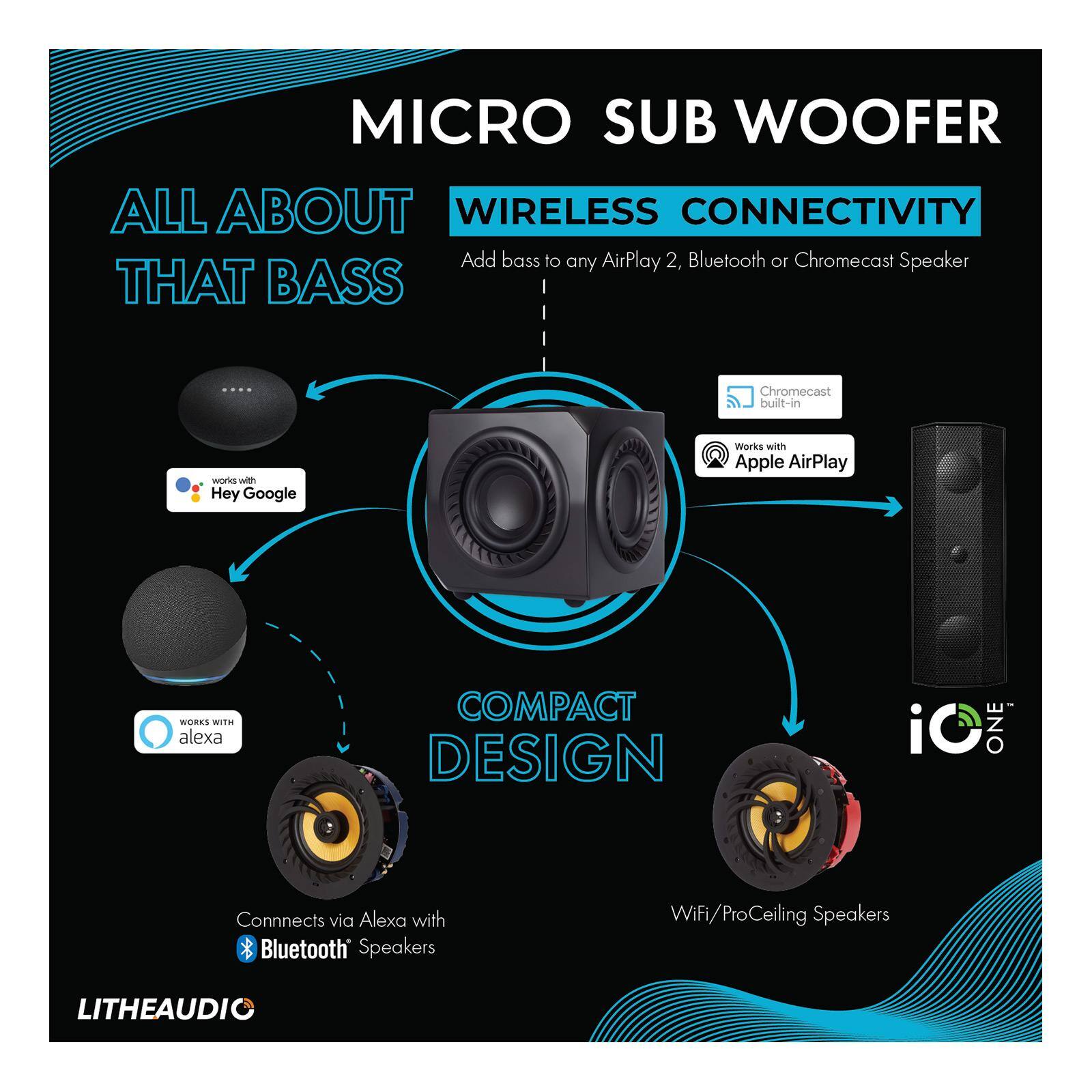 MICRO SUB WOOFER

ALL ABOUT THAT BASS

WIRELESS CONNECTIVITY
Add bass to any AirPlay 2, Bluetooth or Chromecast Speaker

- Works with Hey Google
- Works with Alexa
- Works with Apple AirPlay
- Chromecast built-in

COMPACT DESIGN
- Connects via Alexa with Bluetooth Speakers
- WiFi/ProCeiling Speakers

LITHEAUDIC