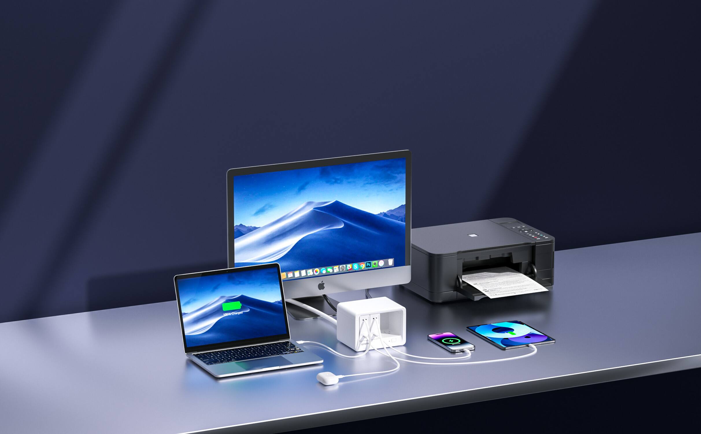 Back. Gitryin - Gitryin Desktop Charging Station+ 2 USB-C Retractable Charger, 40W, 31.5-Inch flat Cable, 8 AC White - White.