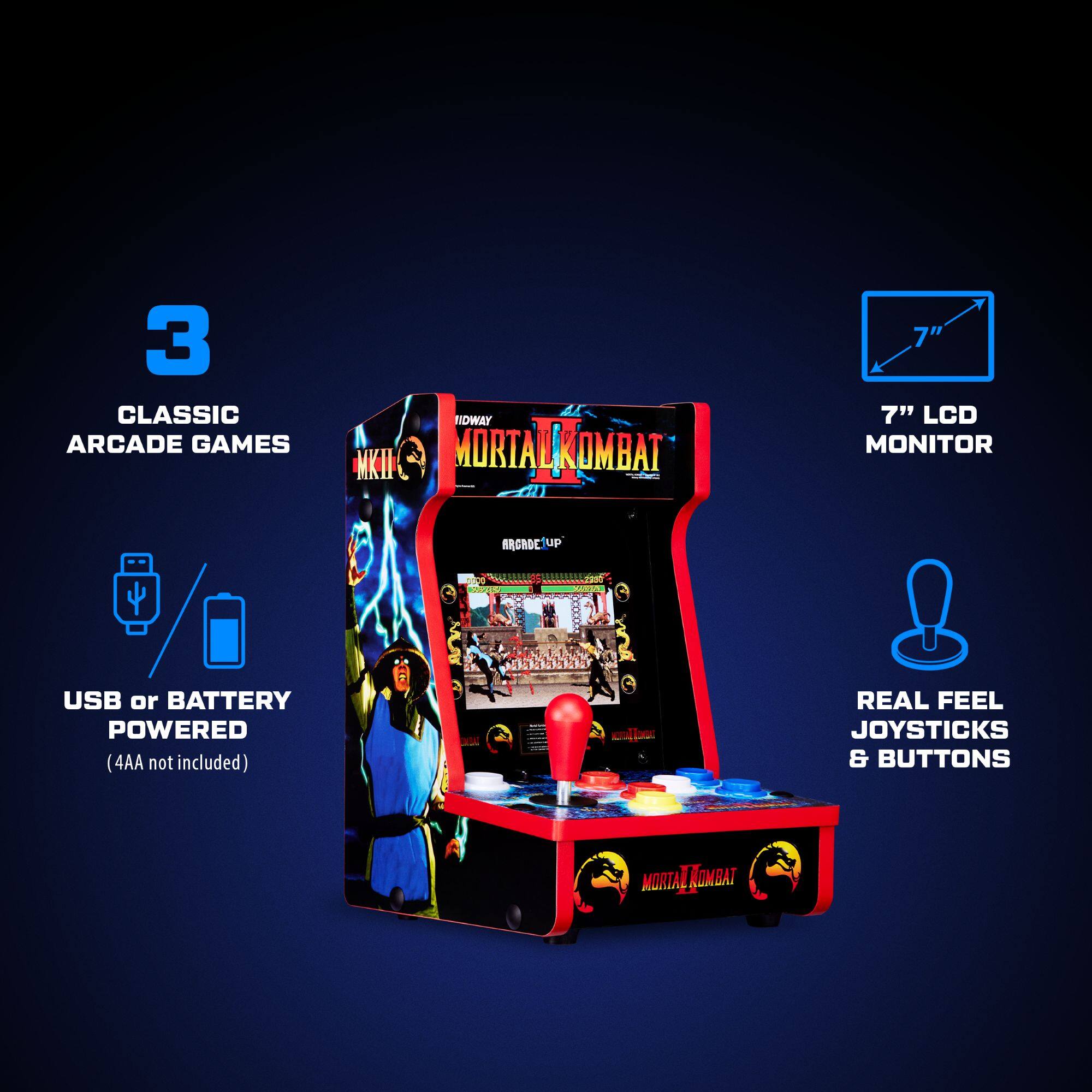 3 CLASSIC ARCADE GAMES MKII TIDWAY MORTAL KOMBAT 7" 7" LCD MONITOR USB or BATTERY POWERED (4AA not included) REAL FEEL JOYSTICKS & BUTTONS