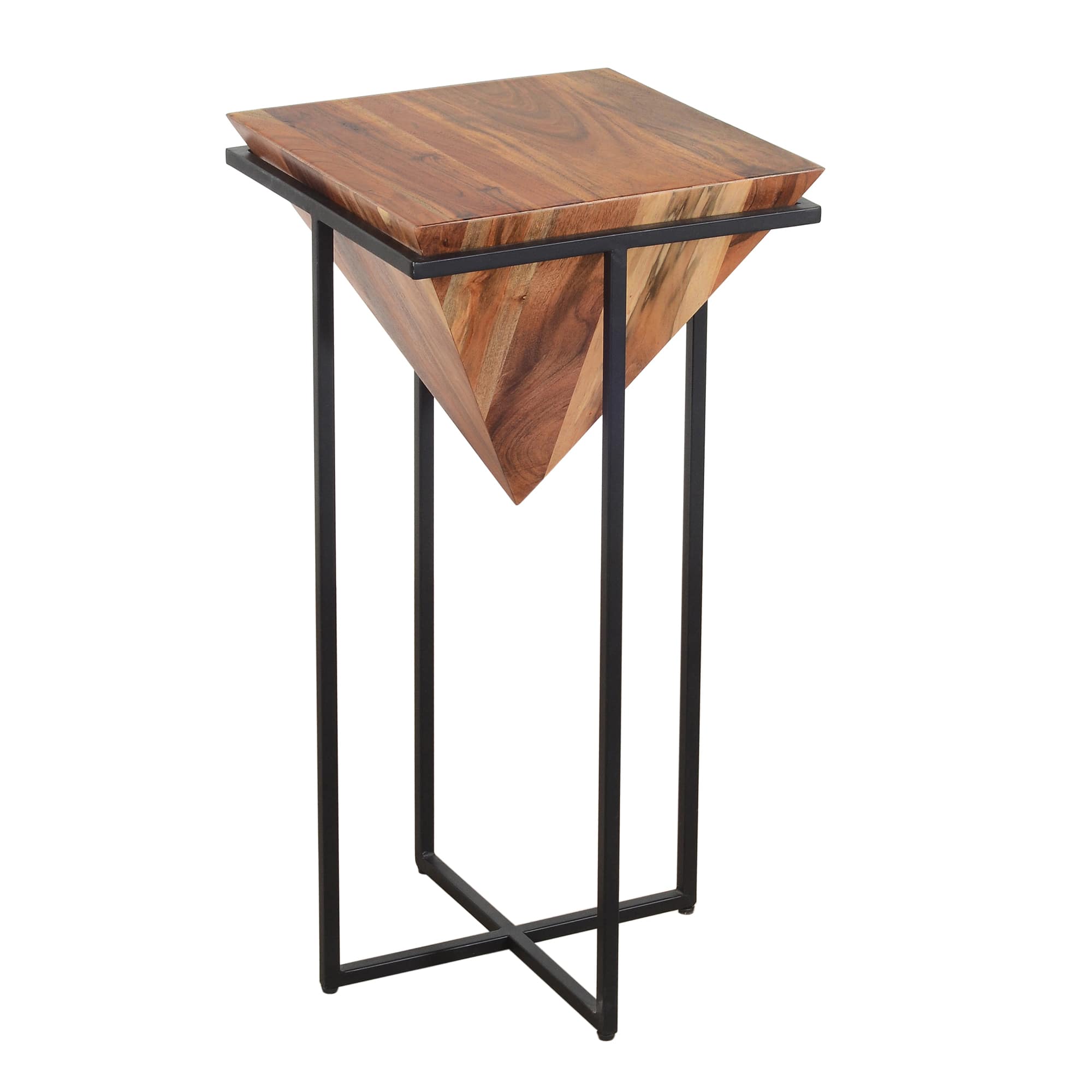 Front. Manhattan Lane - 30 Inch Pyramid Shape Acacia Wood Side Table With Cross Iron Base - Brown and Black.
