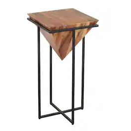 Manhattan Lane - 30 Inch Pyramid Shape Acacia Wood Side Table With Cross Iron Base - Brown and Black