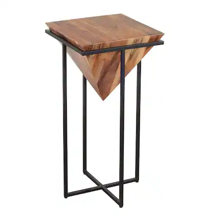 Front. Manhattan Lane - 30 Inch Pyramid Shape Acacia Wood Side Table With Cross Iron Base - Brown and Black.