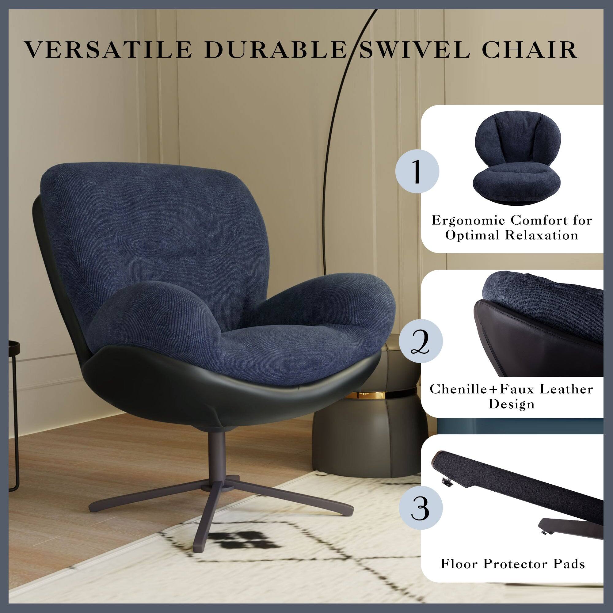 VERSATILE DURABLE SWIVEL CHAIR

1. Ergonomic Comfort for Optimal Relaxation

2. Chenille + Faux Leather Design

3. Floor Protector Pads
