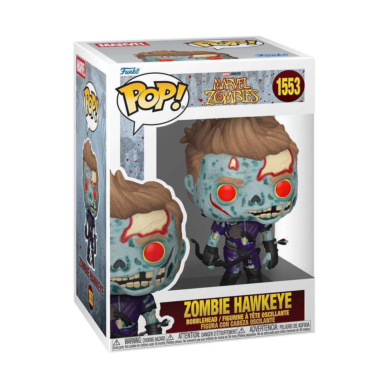 Sure, here is the corrected and grouped text from the image:

---

**Funko POP!**

**MARVEL ZOMBIES**

**1553**

**ZOMBIE HAWKEYE**

**BOBBLEHEAD / FIGURINE À TÊTE OSCILLANTE / FIGURA CON CABEZA OSCILANTE**

**WARNING: CHOKING HAZARD - Small parts. Not for children under 3 years.**

**ADVERTENCIA: PEQUEÑOS PIEZAS. NO APTO PARA MENORES DE 3 AÑOS.**

**ATTENTION: PETITES PIÈCES. NE PAS LAISSER JEUER ENFANTS DE MOINS DE 3 ANS.**

**DANGER: ÉTOUFFEMENT.**

**ADVERTENCIA: PEQUEÑOS PIEZAS. NO APTO PARA MENORES DE 3 AÑOS.**

**ATTENTION: PETITES PIÈCES. NE PAS LAISSER JEUER ENFANTS DE MOINS DE 3 ANS.**

**DANGER: ÉTOUFFEMENT.**

---

This text is organized to reflect the warnings and descriptions found on the packaging.