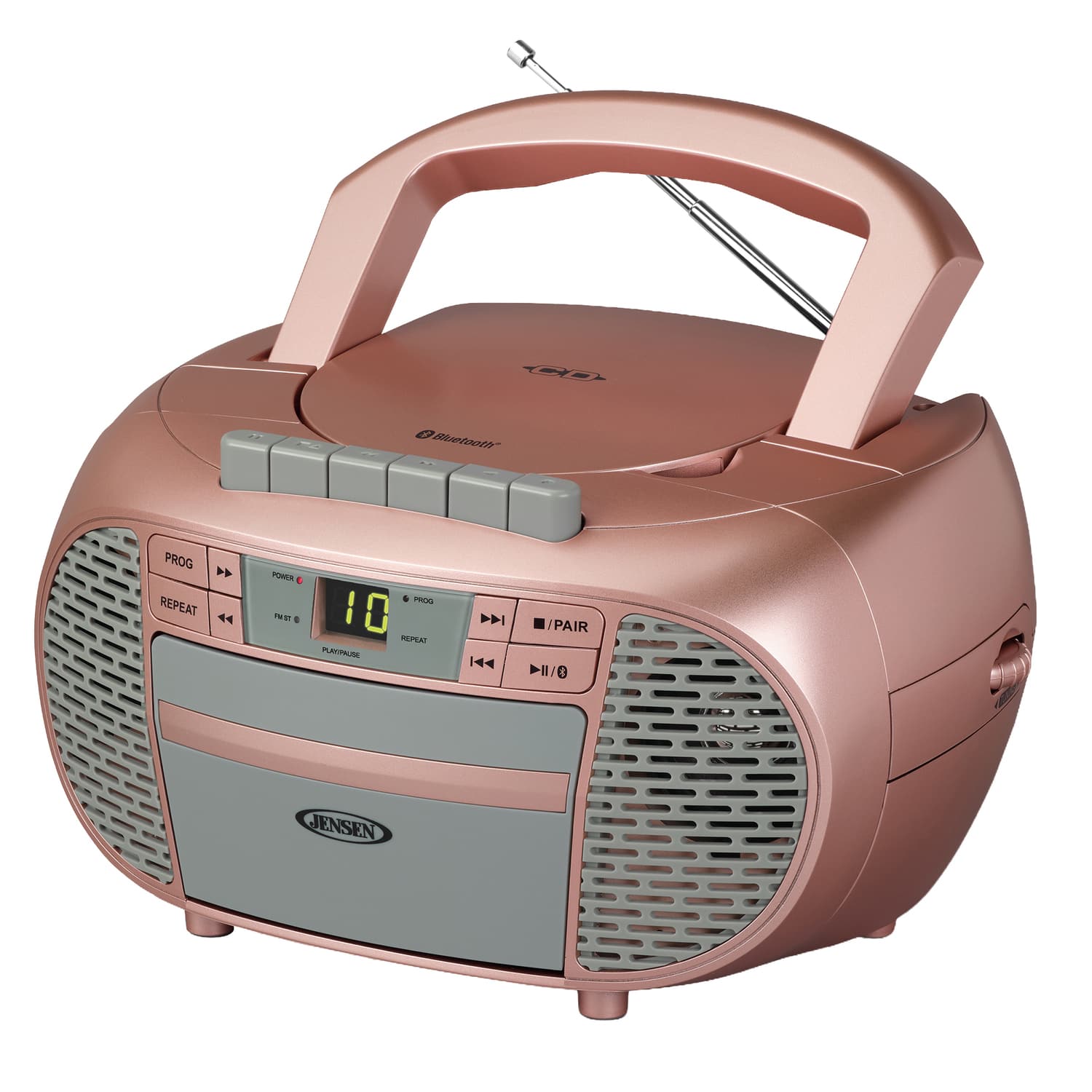 Jensen - Portable Bluetooth CD Music System CD-550ABT, Built-in Speakers, Cassette Player/Recorder, AM/FM Radio, Aux - Metallic