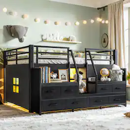 Anysun - Full Low Loft Bed w/ Multi-Storage, Fabric Drawers & Shelves, Storage Stairs, Lights, Under-Bed Space - Black