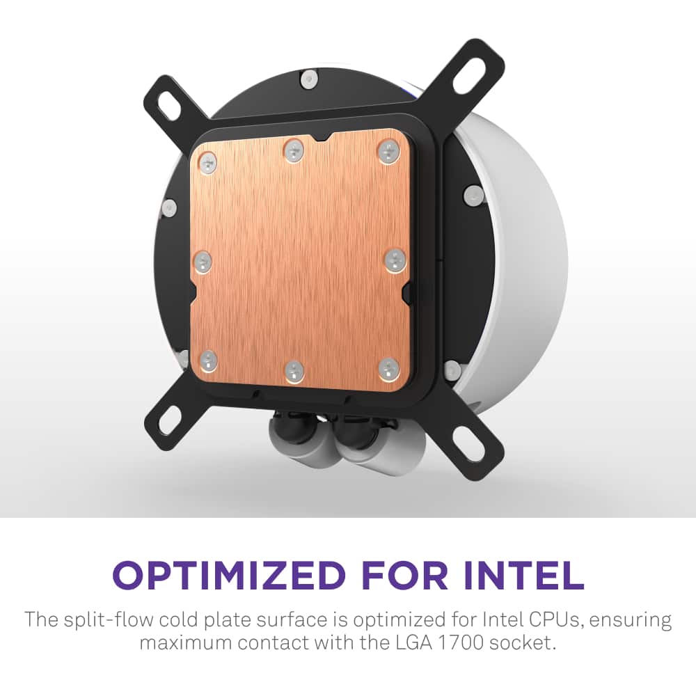 The image features a close-up of a split-flow cold plate surface, which is optimized for Intel CPUs. This ensures maximum contact with the LGA 1700 socket, providing efficient cooling for the Intel CPU.