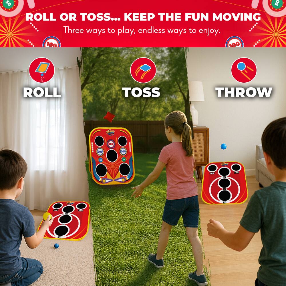 ROLL OR TOSS... KEEP THE FUN MOVING  
Three ways to play, endless ways to enjoy.  

ROLL  
TOSS  
THROW  

50  
100  
200  
180  
45