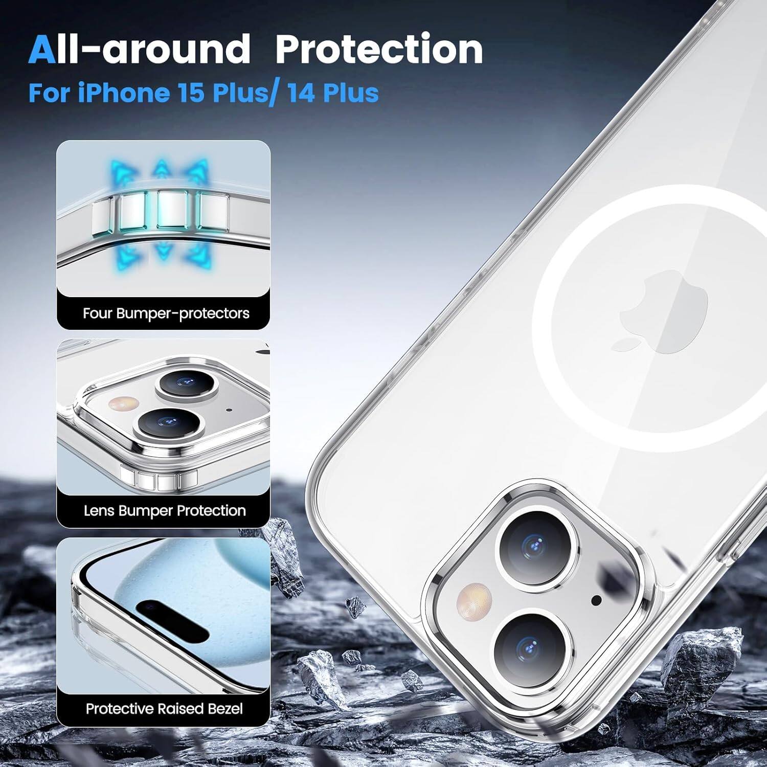 All-around Protection  
For iPhone 15 Plus/14 Plus  

Four Bumper-protectors  
Lens Bumper Protection  
Protective Raised Bezel