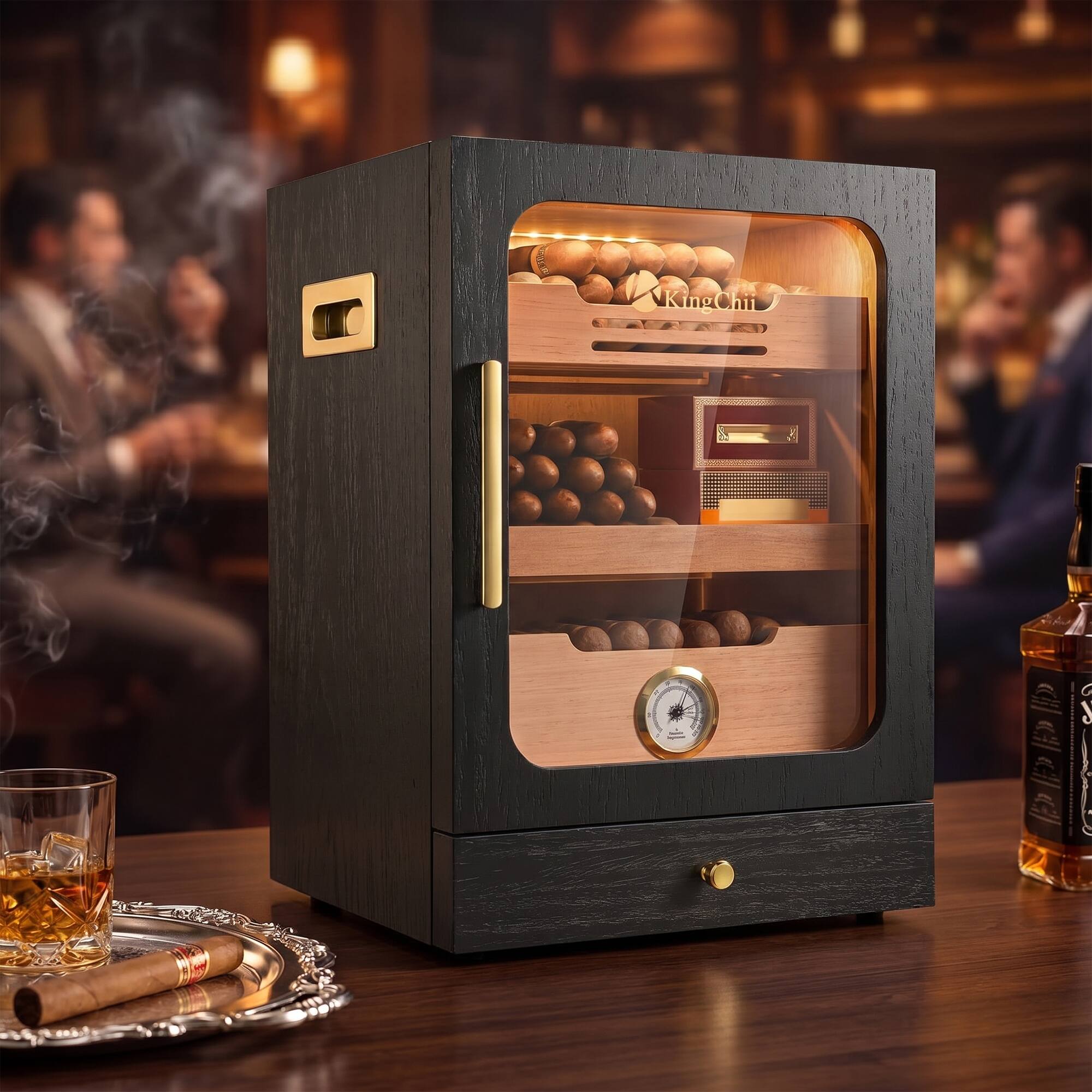 Left. KingChii - KingChii 20L 100-Cigar Humidor Cabinet with Spanish Cedar, Hygrometer, 3 Humidifiers & 3-Color LED - Black - Black.