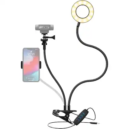 Front. PARKER SLATER - Clip-on selfie ring light with flexible arm, phone holder, and mount for streaming, video, and conferencing..
