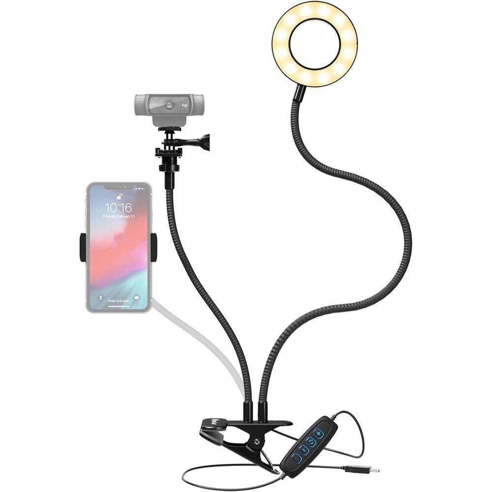 PARKER SLATER - Clip-on selfie ring light with flexible arm, phone holder, and mount for streaming, video, and conferencing.