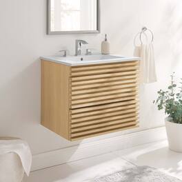 Modway - Render Wall-Mount Bathroom Vanity with White Basin Included - Oak White