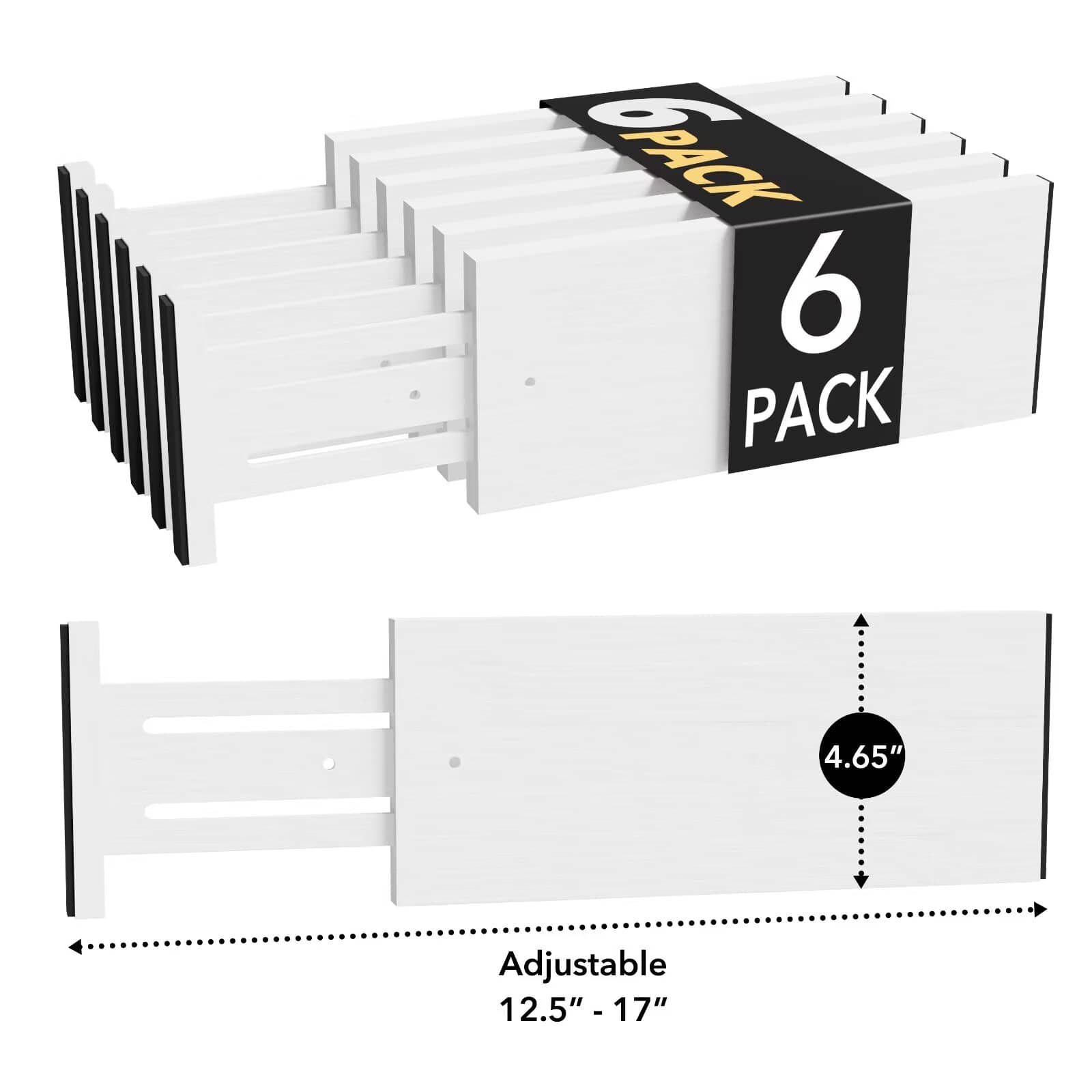 Tooloton - Adjustable Drawer Dividers 6-Pack, 4.65" High Bamboo Organizer Expands 12.5" to 17" for Clothing Storage - White