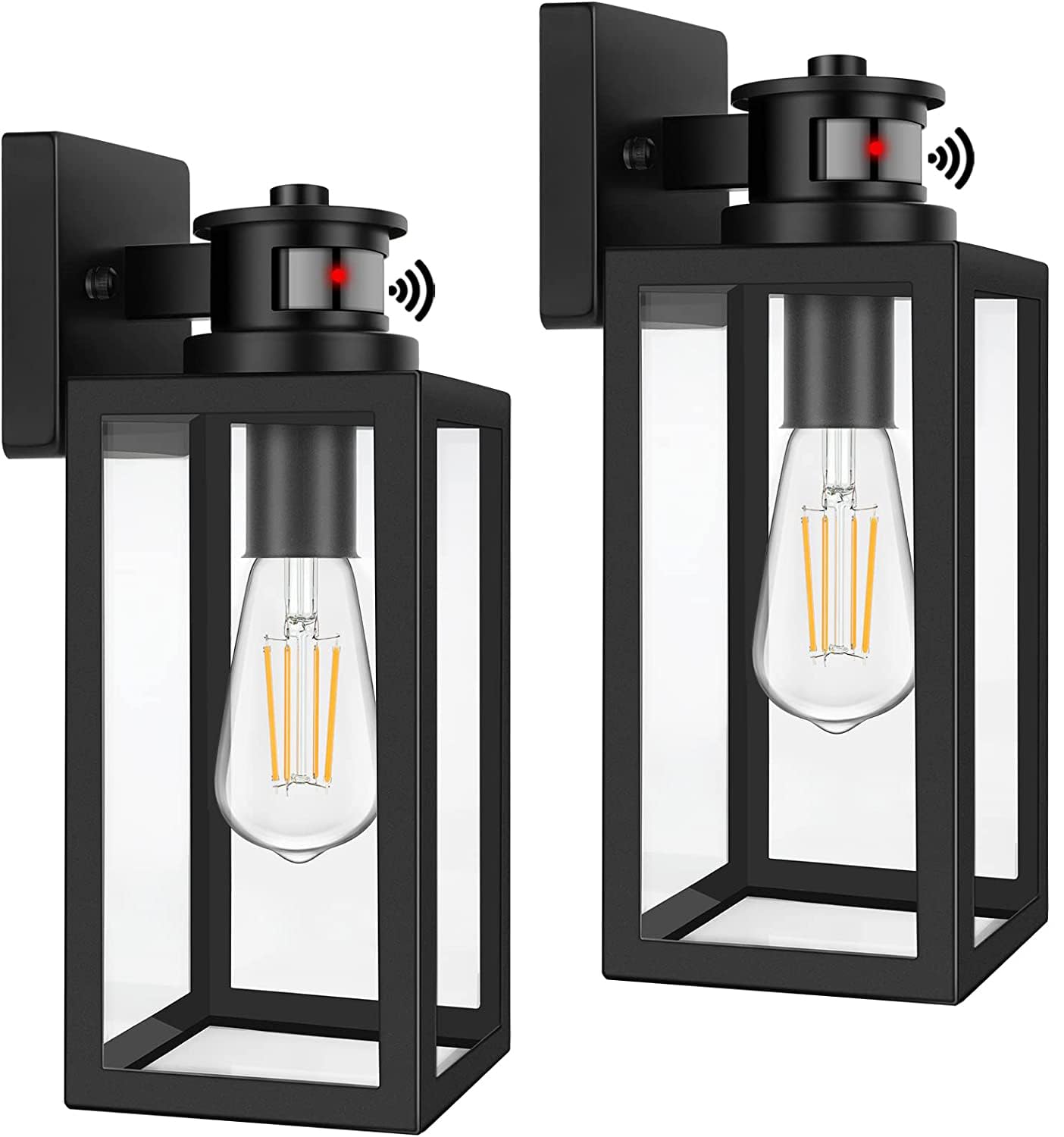 Front. VEGA AUTOMOTIVE - 2 pack Motion Sensor Outdoor Lights Upgrade Dusk To Dawn Wall Mount Light Fixtures For Outside House Porch - Black 13.25 inch.