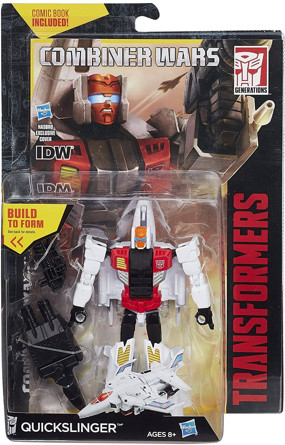 COMIC BOOK INCLUDED!  
COMBINER WARS  
HASBRO EXCLUSIVE COVER  
IDW  
IDM  
BUILD TO FORM  
See back for details.  
QUICKSLINGER  
AGES 8+  
TRANSFORMERS  
GENERATIONS
