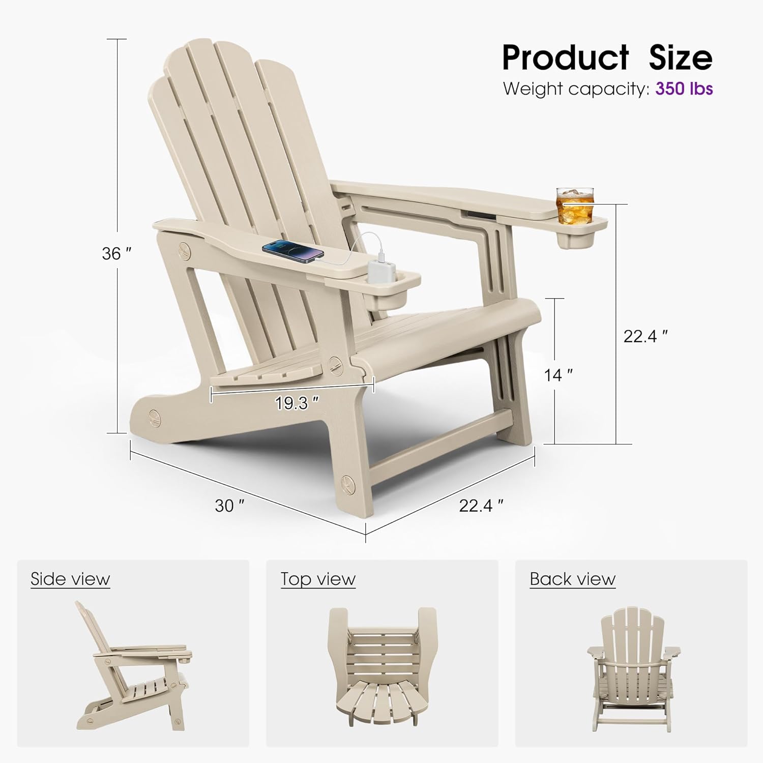 Product Size  
Weight capacity: 350 lbs  
36"  
22.4"  
19.3"  
14"  
30"  
22.4"  

Side view  
Top view  
Back view