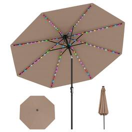 Gymax - 10 FT Solar Patio Umbrella w/96 Multi-colored LED Lights & 9 Modes Vented Top - Coffee