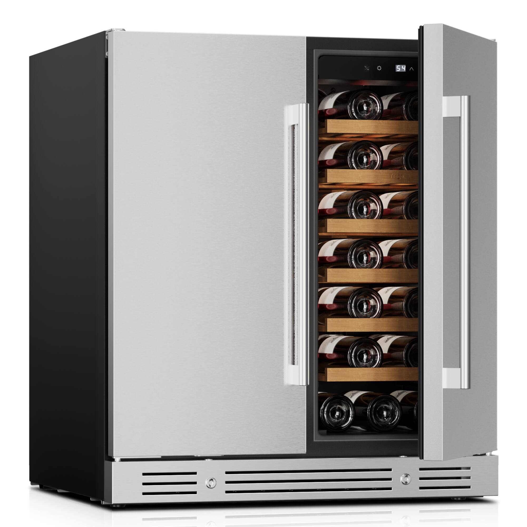Angle. Yeego - 30 Inch Wine and Beverage Cooler 34-65°F Dual Zone, Holds 80 Cans & 33 Bottles, Kitchen, & Outdoor Use - Stainless Steel.