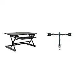 Rocelco - 40" Large Height Adjustable Standing Desk Converter with Dual Monitor Mount BUNDLE, Retractable Keyboard Tray - Black
