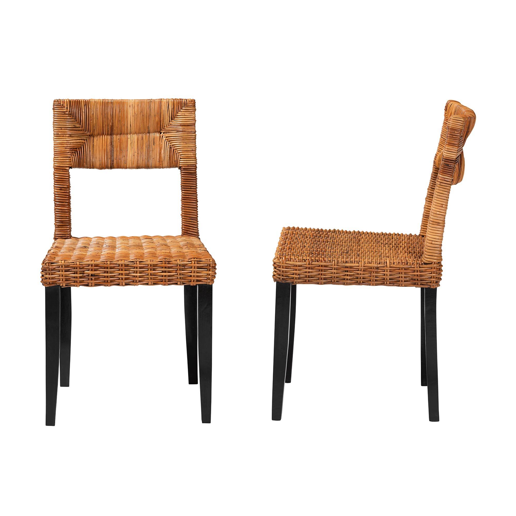 Left. bali & pari - Manrico Modern Bohemian Finished Wood and Natural Rattan 2-Piece Dining Chair Set - Dark Brown/Natural Brown.