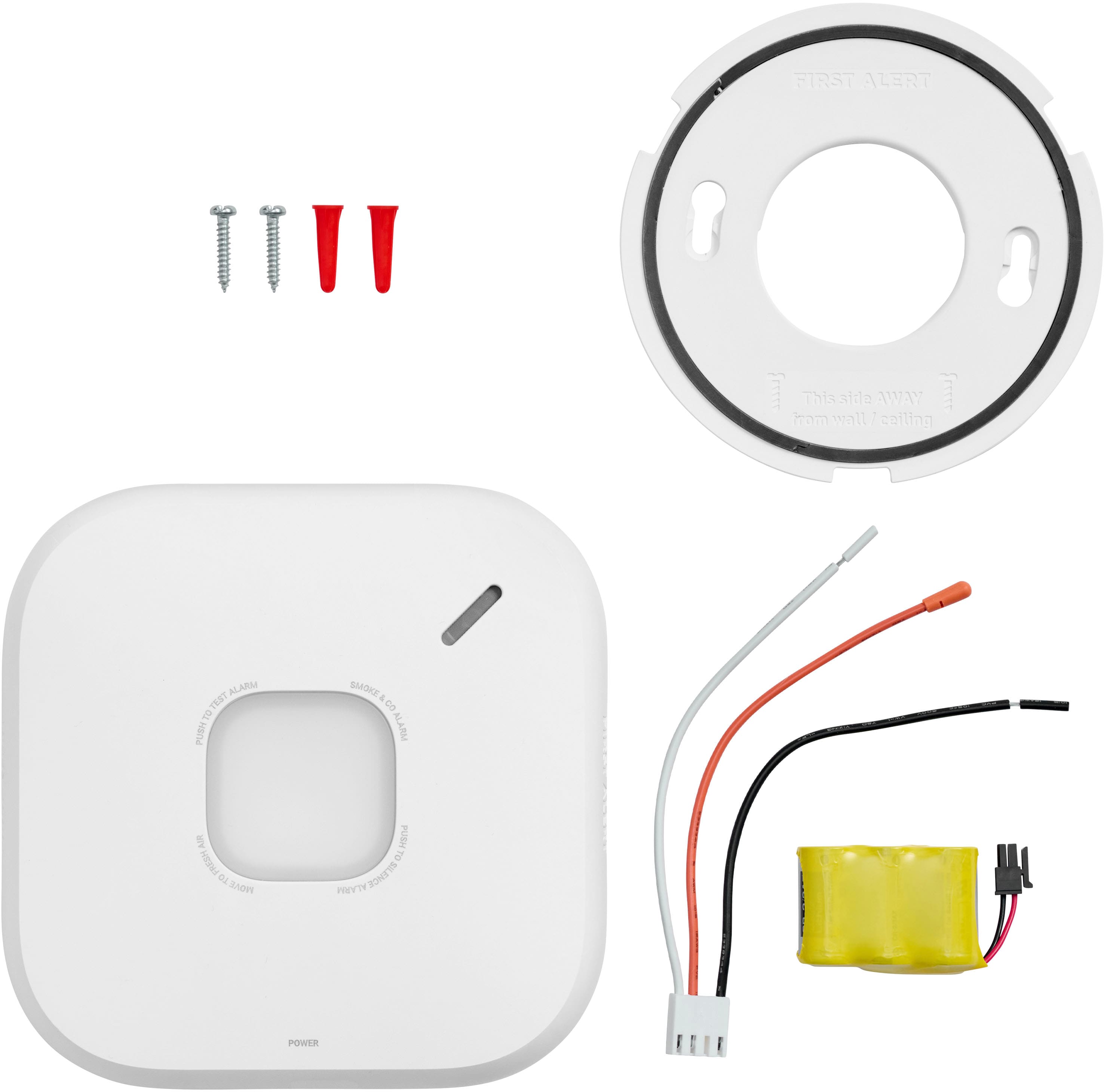 The image shows a collection of electronic components and wires, including a white box, a speaker, a power supply, and a yellow battery. The components are arranged in a way that suggests they are part of an alarm system or a home security system. The text on the image reads "This ThissHdeAWAY aidla AWAY Iram wall I coiling ALARM EST e BOKE - S ALARM We RESH iB SAOY PUBY TO PRT ZONEYS POWER." This text might be related to the alarm system or the components' functions.