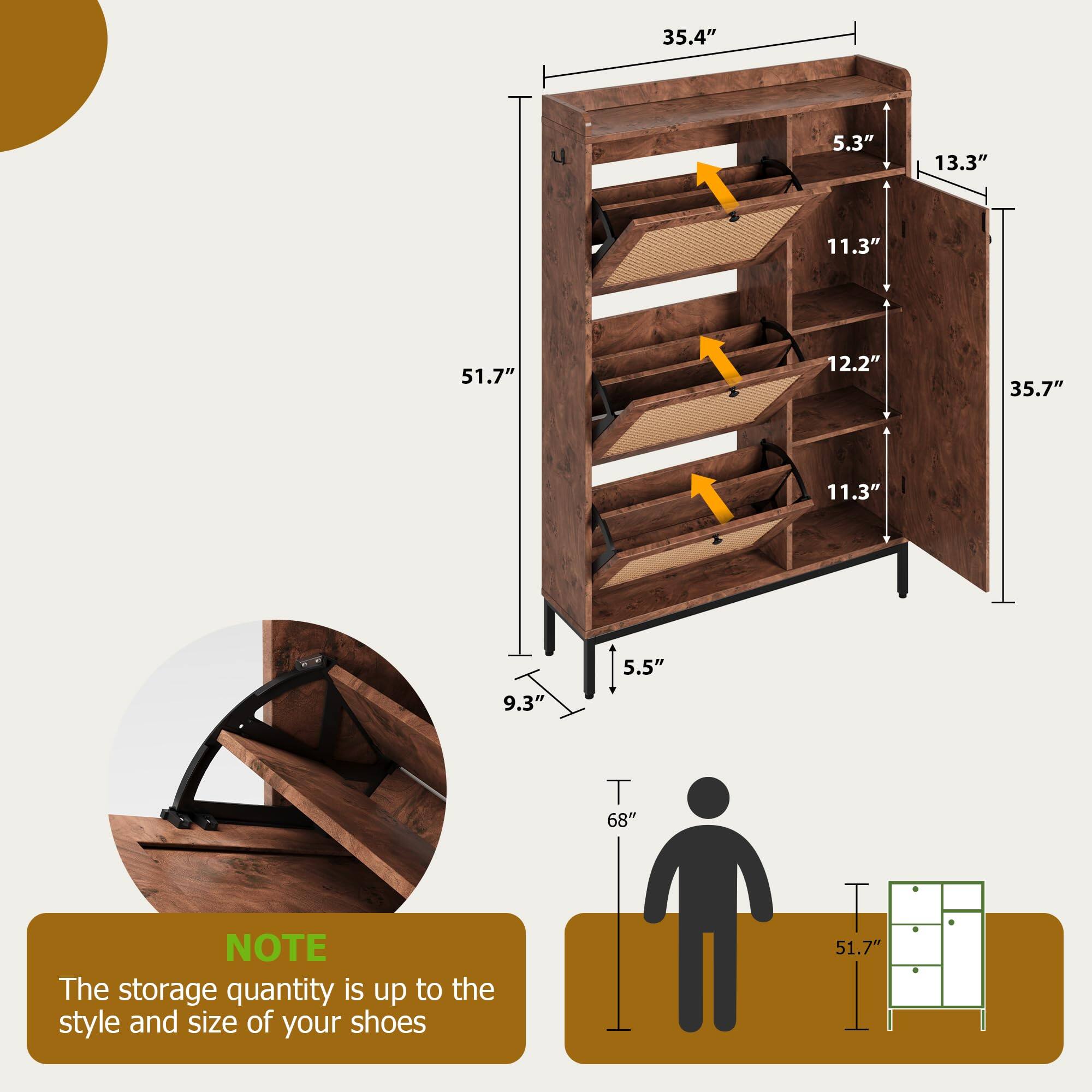 35.4"  
5.3"  
13.3"  
11.3"  
51.7"  
12.2"  
35.7"  
11.3"  
5.5"  
9.3"  
68"  

NOTE  
The storage quantity is up to the style and size of your shoes