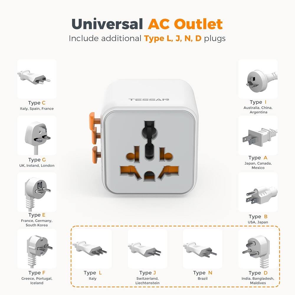 Universal AC Outlet  
Include additional Type L, J, N, D plugs  

Type C  
Italy, Spain, France  

Type G  
UK, Ireland, London  

Type E  
France, Germany, South Korea  

Type F  
Greece, Portugal, Iceland  

Type I  
Australia, China, Argentina  

Type A  
Japan, Canada, Mexico  

Type B  
USA, Japan  

Type L  
Italy  

Type J  
Switzerland, Liechtenstein  

Type N  
Brazil  

Type D  
India, Bangladesh, Maldives