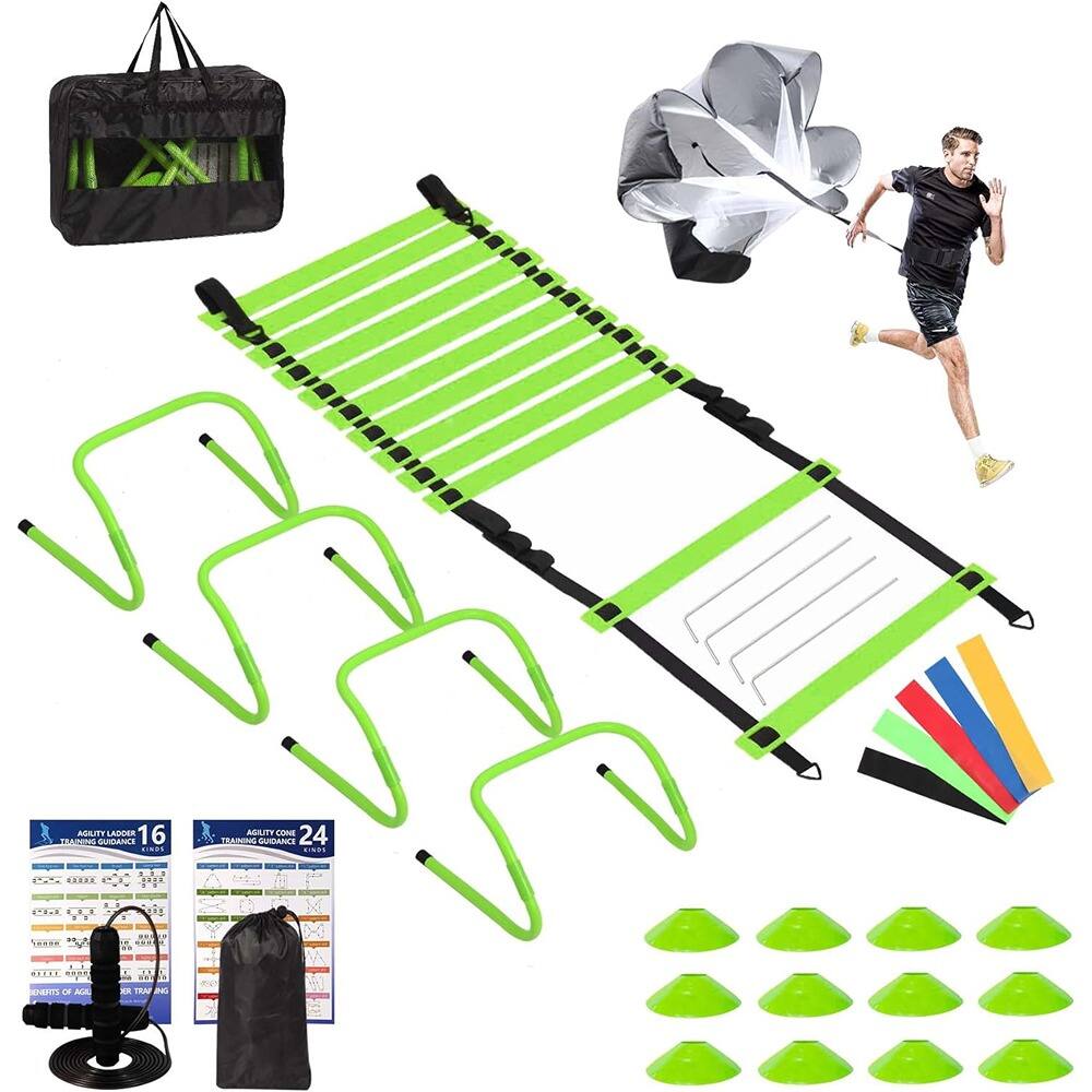 MOSZAR LLC - Agility Speed Training Set, 20ft Ladder, Hurdles & Resistance Bands - Green