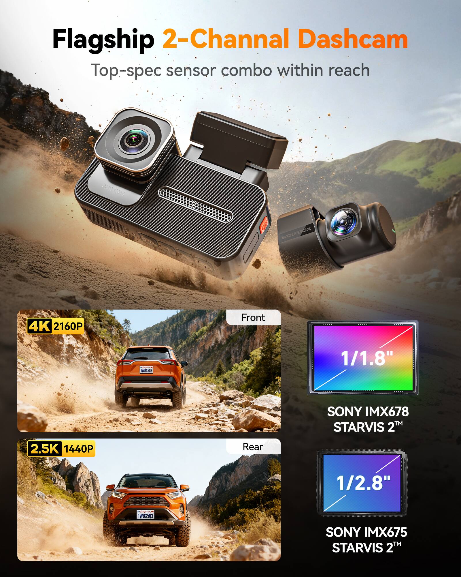 Flagship 2-Channel Dashcam  
Top-spec sensor combo within reach

WOLFBOX  
4K 2160P  
Front

WERSOD 10  
1/1.8"  
SONY IMX678 STARVIS 2™

2.5K 1440P  
Rear  
1/2.8"  
- TW8X503  
SONY IMX675 TM STARVIS 2™