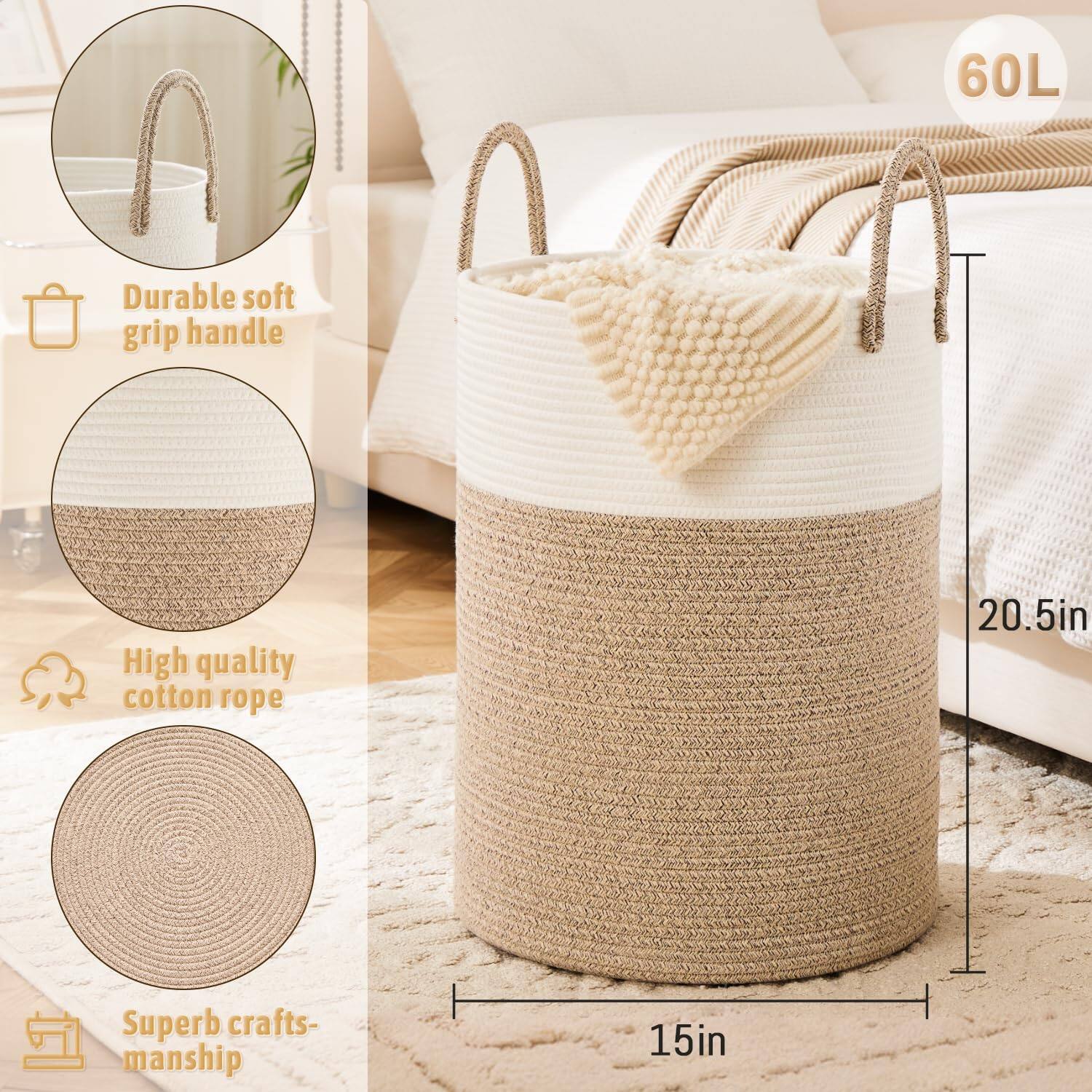 60L  
Durable soft grip handle  
High quality cotton rope  
Superb craftsmanship  
20.5in  
15in