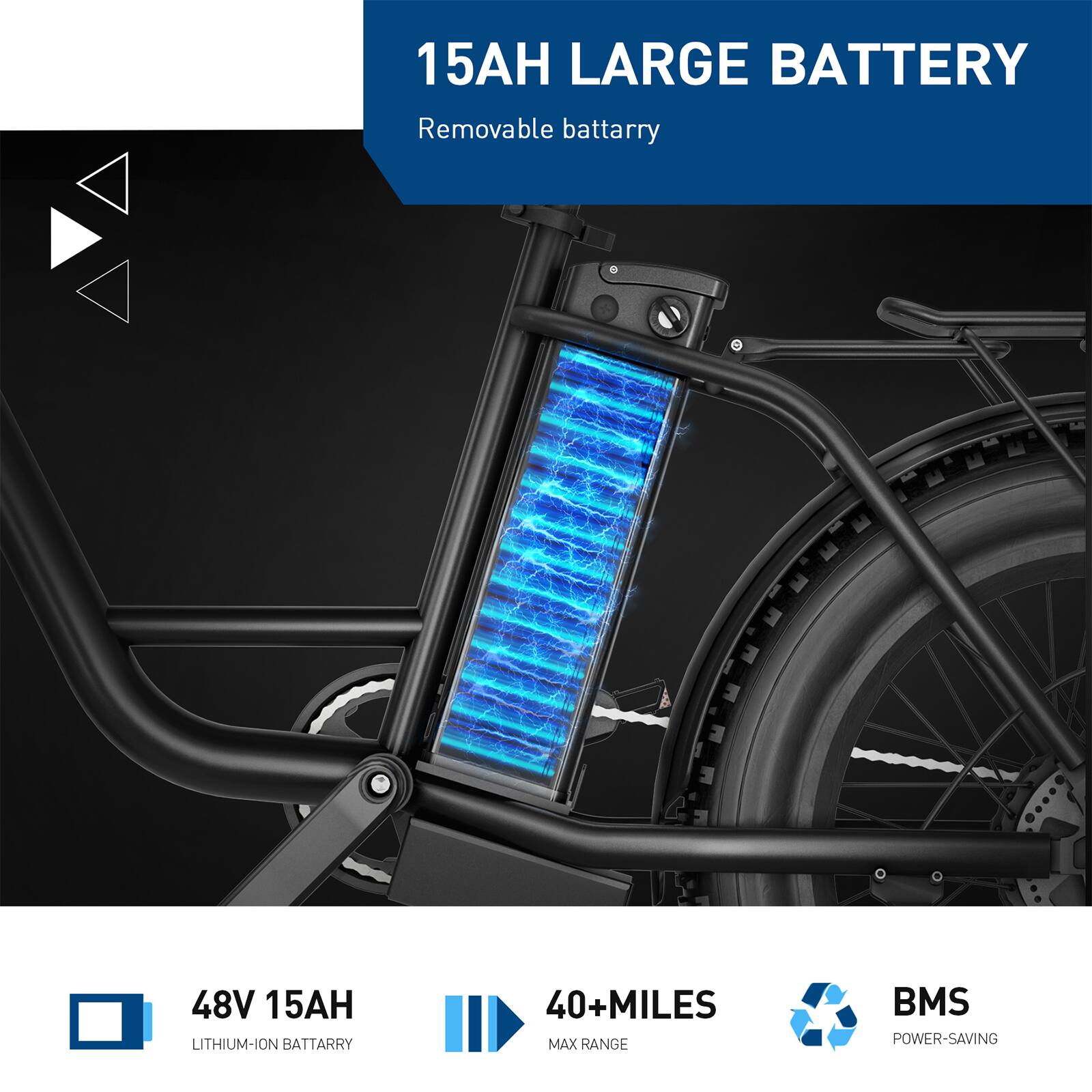 15AH LARGE BATTERY Removable battery 48V 15AH LITHIUM-ION BATTERY 40+ MILES 40 MAX RANGE BMS POWER-SAVING