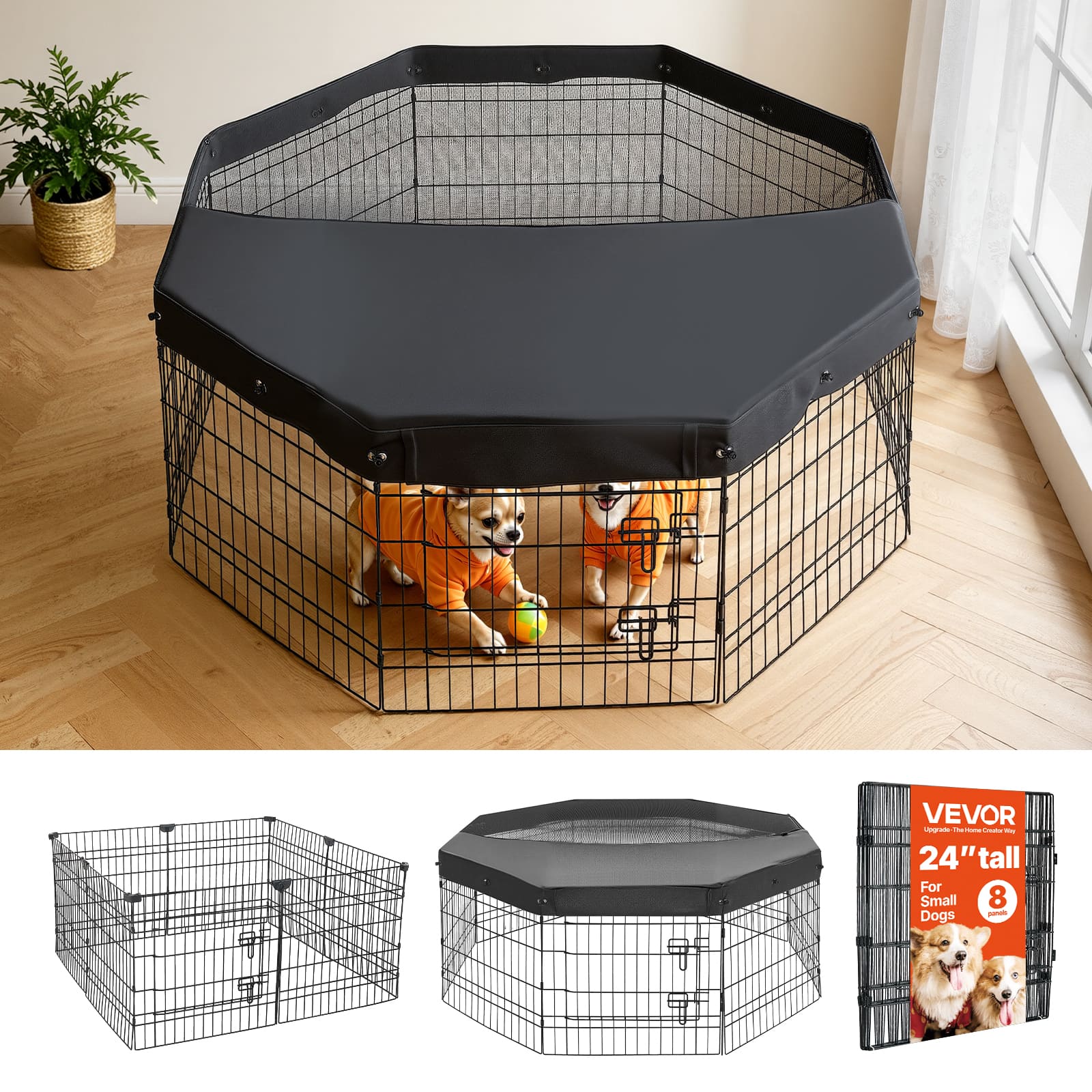 VEVOR - Dog Playpen 24 Inch 8 Panels Foldable Exercise Pen with Top Cover, Indoor Metal Pet Fence with Door - Black