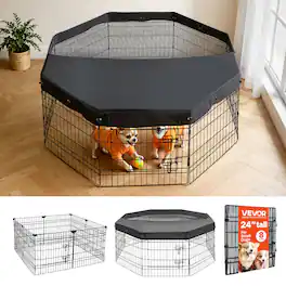 VEVOR - Dog Playpen 24 Inch 8 Panels Foldable Exercise Pen with Top Cover, Indoor Metal Pet Fence with Door - Black