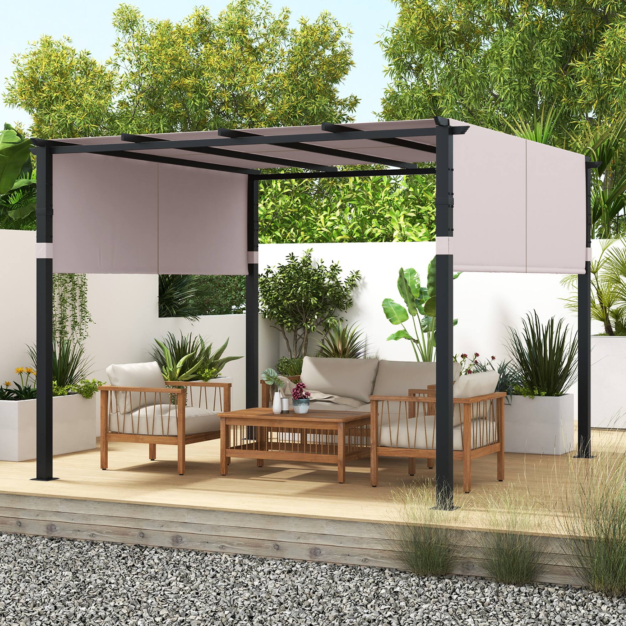 Alt View 8. Gymax - Gymax 10 x 10 ft Flat Top Pergola w/ Retractable Canopy Outdoor Grill Gazebo Gray - Gray.