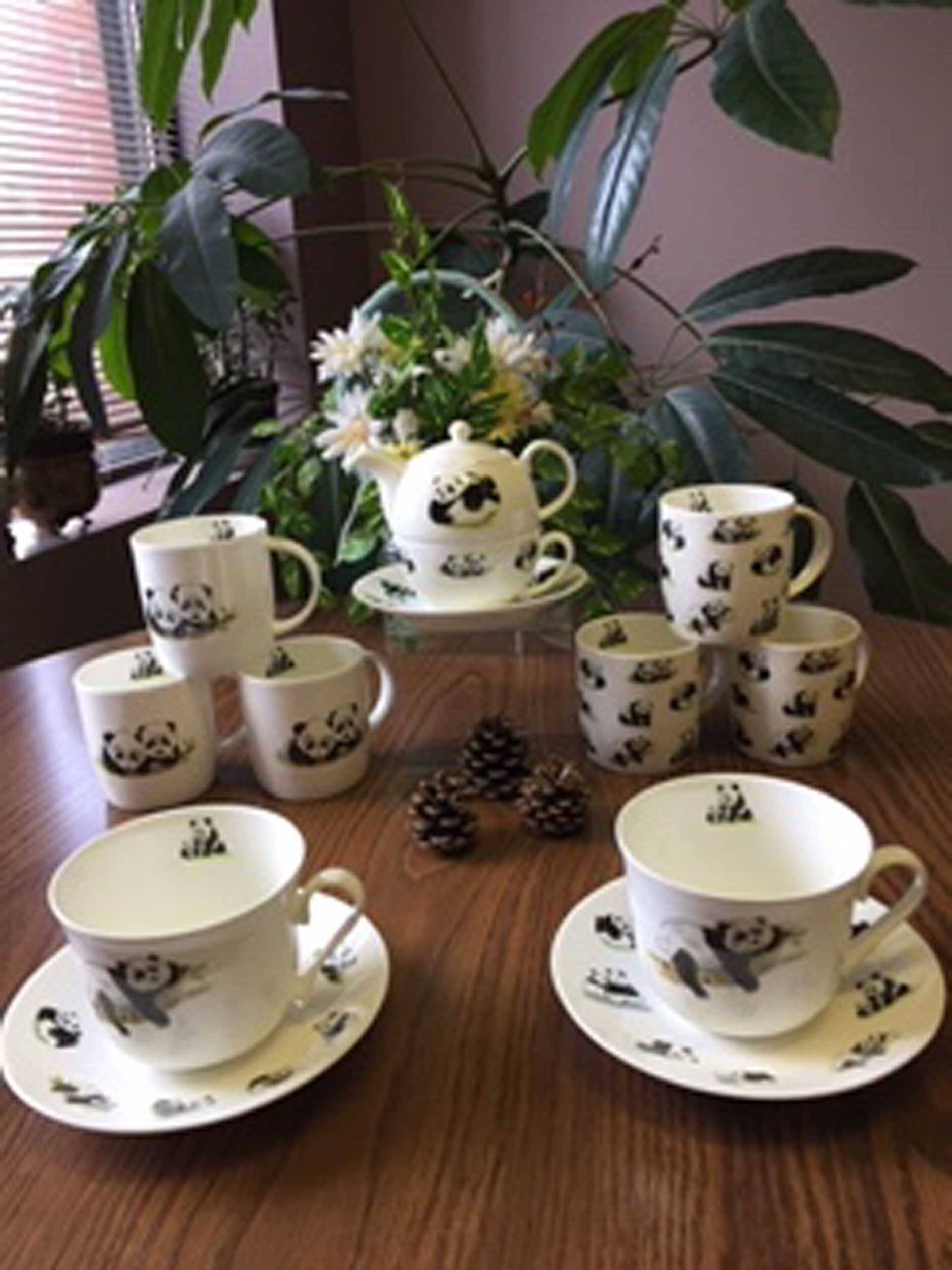 Left. Jiallo - Roy Kirkham Panda Tea for One Cup and Saucer, Bone China Ceramic, Made in England - Mutli color.