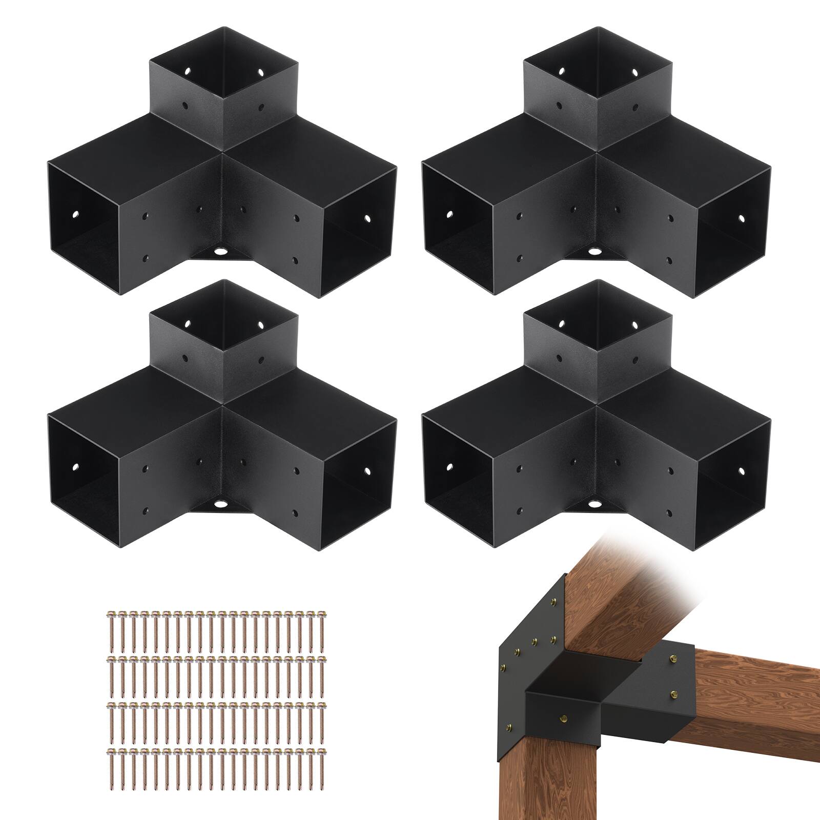 VEVOR - Pergola Bracket Kit 4''x4''(Inner Size 3.6x3.6), 4pcs 3-Way Heavy Duty Corner Bracket Woodworks DIY Post Base Kit - Black