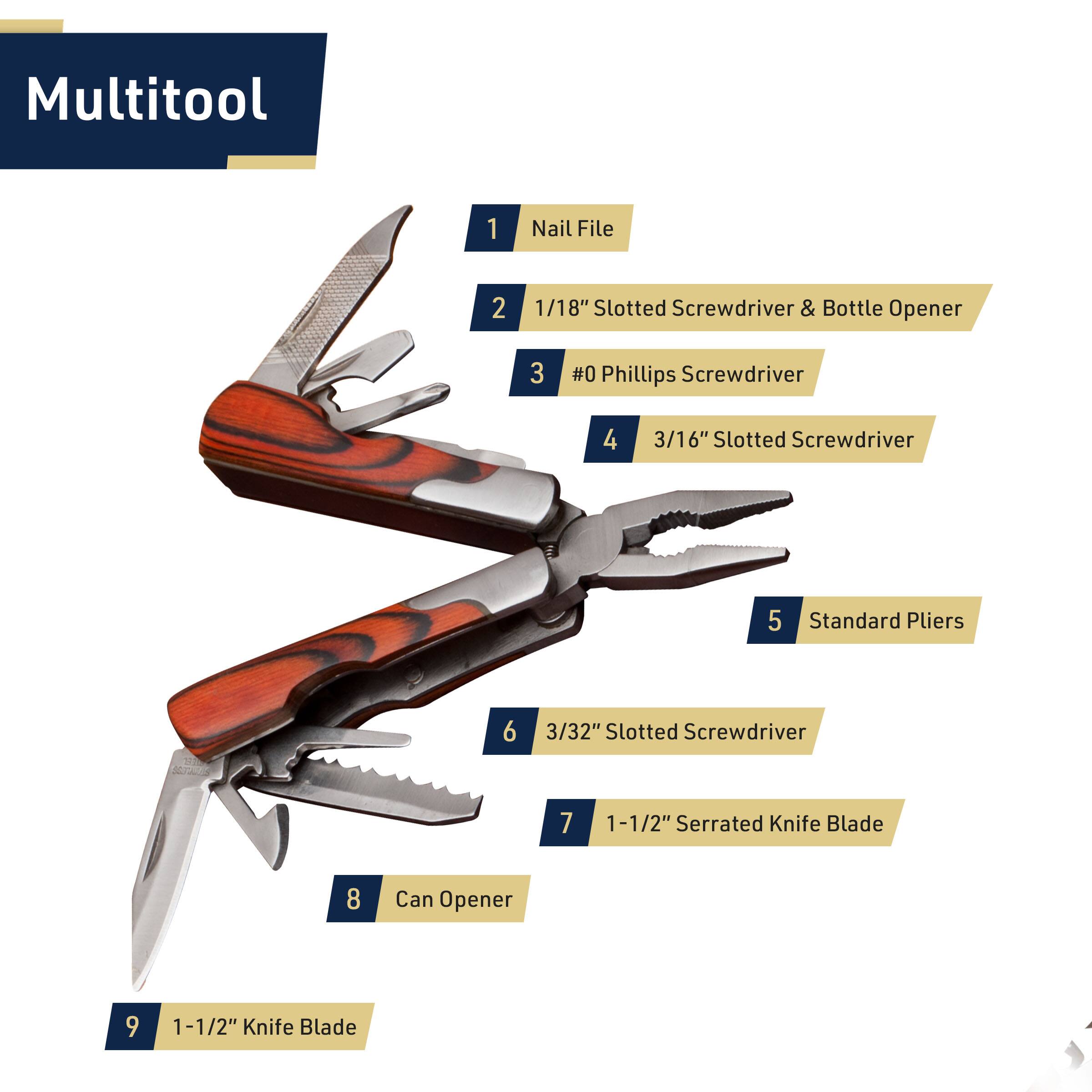 Multitool  
1. Nail File  
2. 1/18" Slotted Screwdriver & Bottle Opener  
3. #0 Phillips Screwdriver  
4. 3/16" Slotted Screwdriver  
5. Standard Pliers  
6. 3/32" Slotted Screwdriver  
7. 1-1/2" Serrated Knife Blade  
8. Can Opener  
9. 1-1/2" Knife Blade