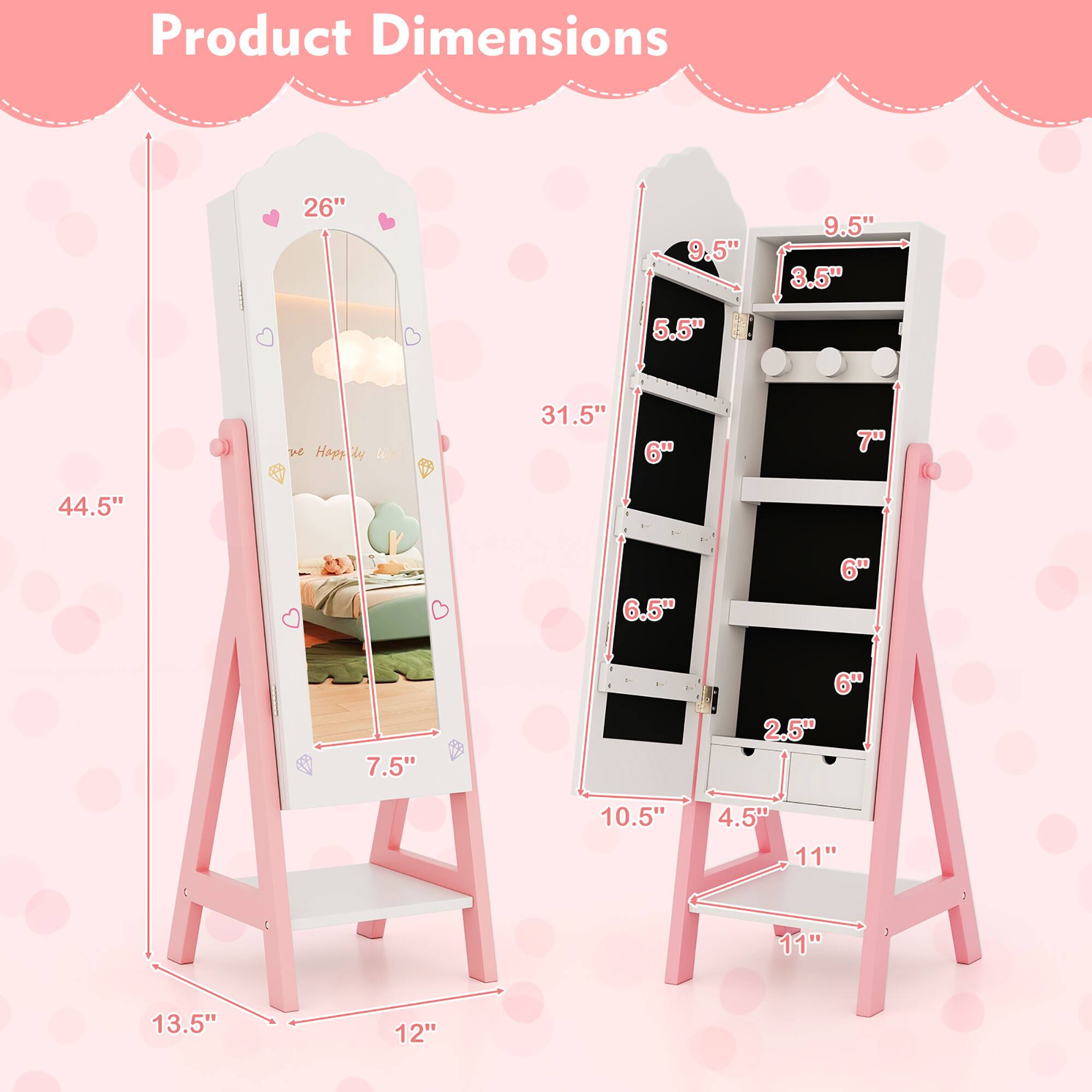 Product Dimensions

- 26" (Height)
- 9.5" (Width)
- 9.5" (Depth)
- 3.5" (Shelf Depth)
- 5.5" (Shelf Height)
- 31.5" (Height)
- 6" (Shelf Height)
- 7" (Shelf Depth)
- 44.5" (Height)
- 6.5" (Shelf Height)
- 6" (Shelf Depth)
- 7.5" (Shelf Height)
- 6" (Shelf Depth)
- 2.5" (Shelf Depth)
- 10.5" (Width)
- 4.5" (Width)
- 11" (Width)
- 13.5" (Base Width)
- 12" (Base Width)
