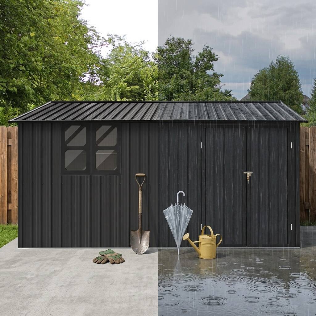 Alt View 6. Loheer - Loheer 12x10 Metal Shed Black Outdoor Storage Shed with Window Shelves and Apex Roof.