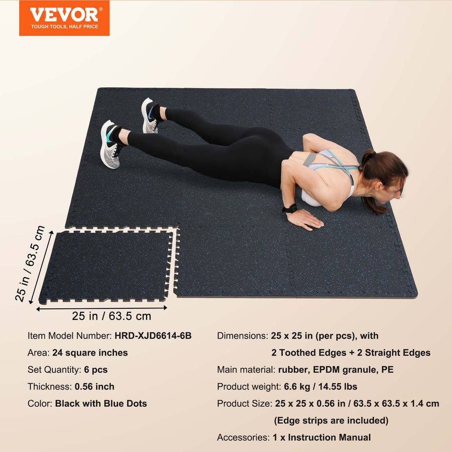 VEVOR 0.56 Inch Thick Gym Floor Mats, 6 Tiles Rubber Top with EVA Foam ...