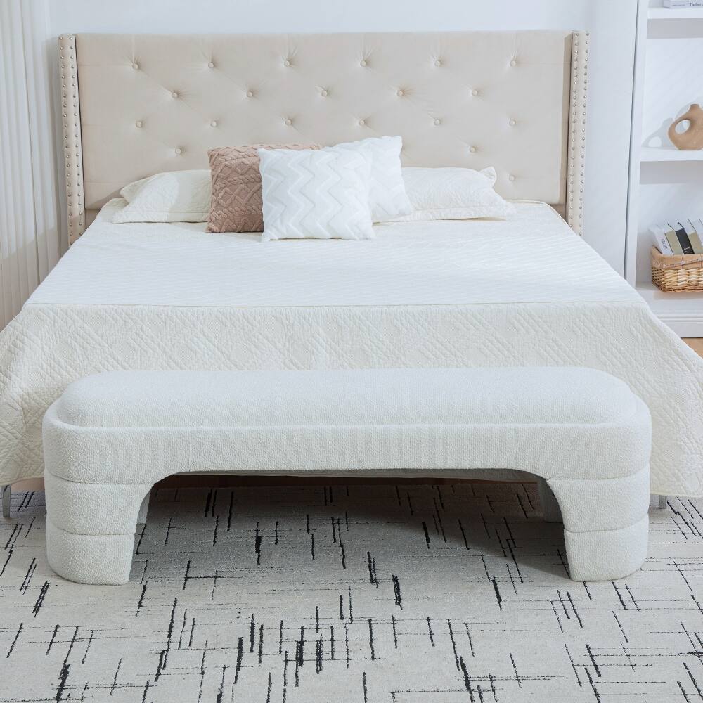 Left. Ropilly - Ropilly 65 Inch White Boucle End of Bed Bench, Modern Armless Upholstered Ottoman Footstool for Entryway and Bedroom - White.