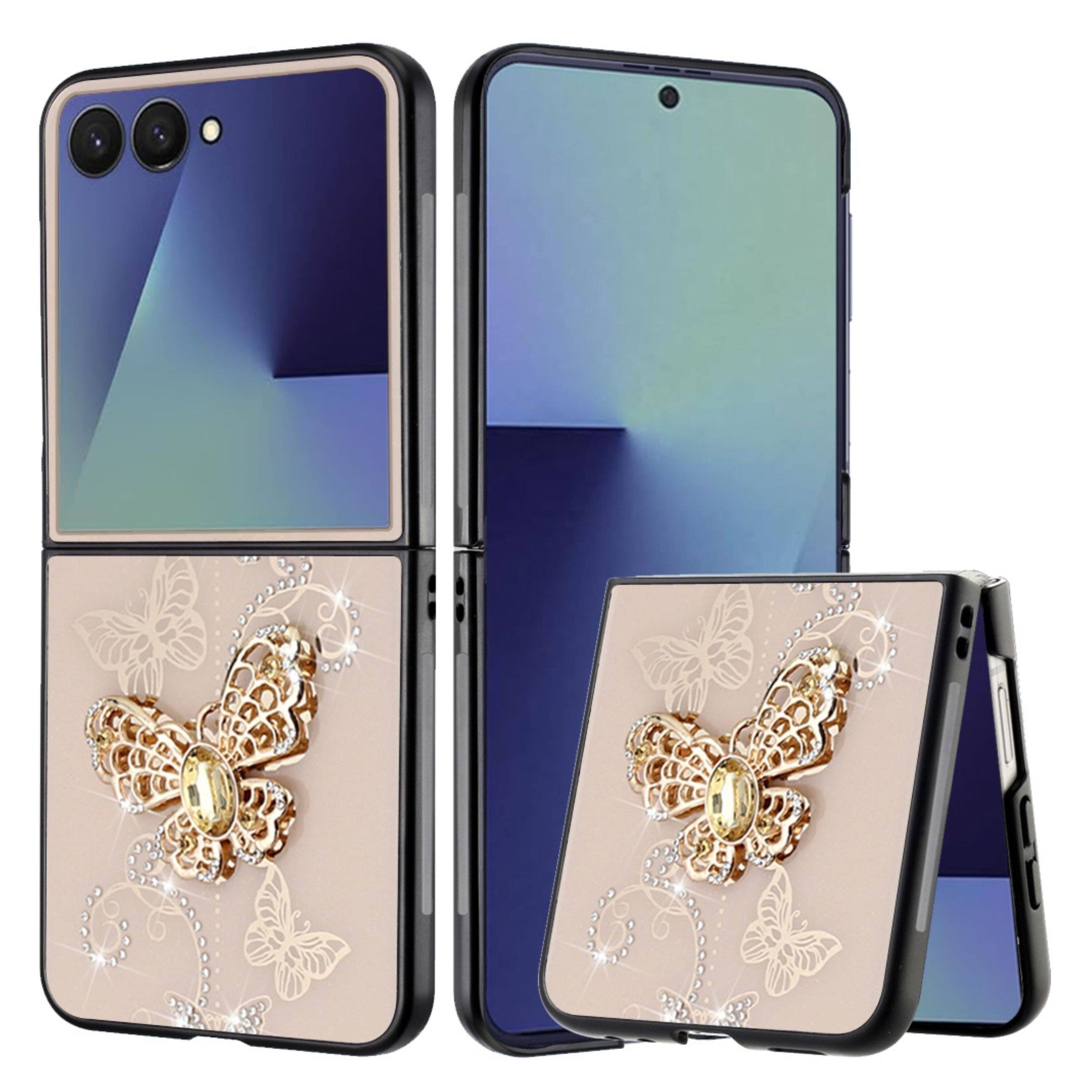 Angle. Kitcheniva - Rhinestone Glitter Cover Case With Tempered Glass For Samsung Z Flip7 Butterflies Gold - Garden Butterflies Gold.