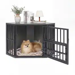 WELLFOR - 35.5 " Corner Dog Crate Furniture, Indoor Heavy Duty Kennel with 3-Position Dog Bowl Rack, Metal Dog Cage Dog Kennel - Oak