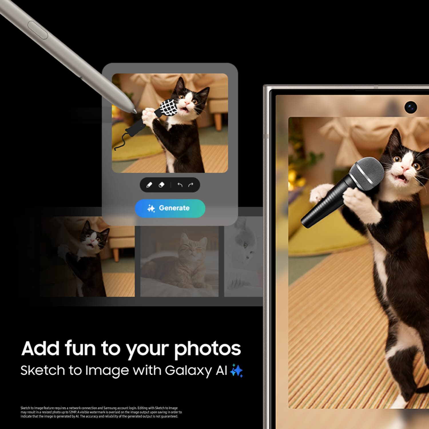 Add fun to your photos Sketch to Image with Galaxy Al. Chursch image in nature requines. Now on the Samsung account login. Loiting with Samsung Art Studio. Sketch to image at result in -Med photo - o U A visinia wstorm ermark a quer Le on T image sutput naving in order o indicate that he image generated le The BE and riabiity a the generated output a m gnaranized.