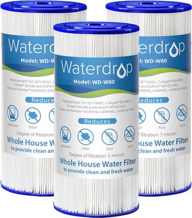 Watererdrop Model: WD-W80
Replacement for GE FXHSC, Culligan R50-BBSA, Pentek R50-BB and DuPont WFHDC3001, American Plumber GXWH35F filters W50PEHD, GXWH40L, GXWH40L, GXWH35F
Reduces Sediment Odor Rust Sand
Degree of filtration: 5 micron
Whole House Water Filter to provide clean and fresh water